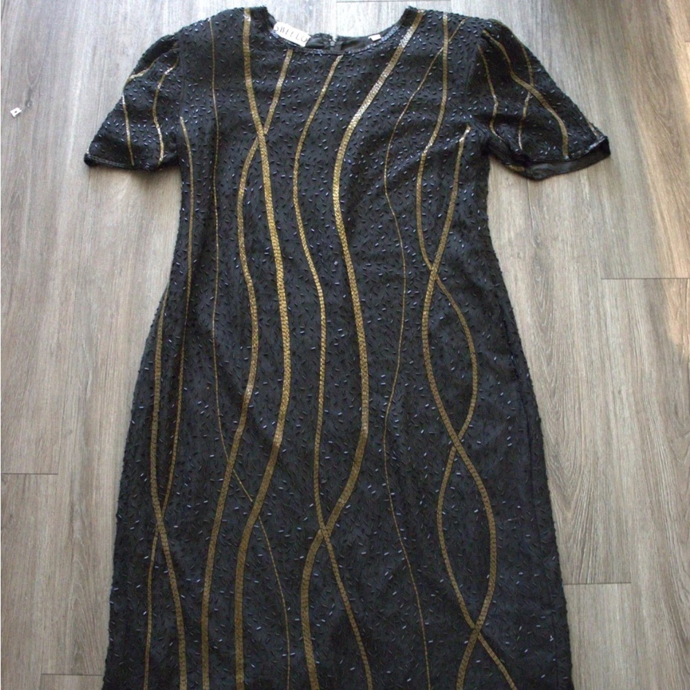 Vintage Sweelo Black Gold Silk Beaded Cocktail Holiday Party Shift Dress L 10-12